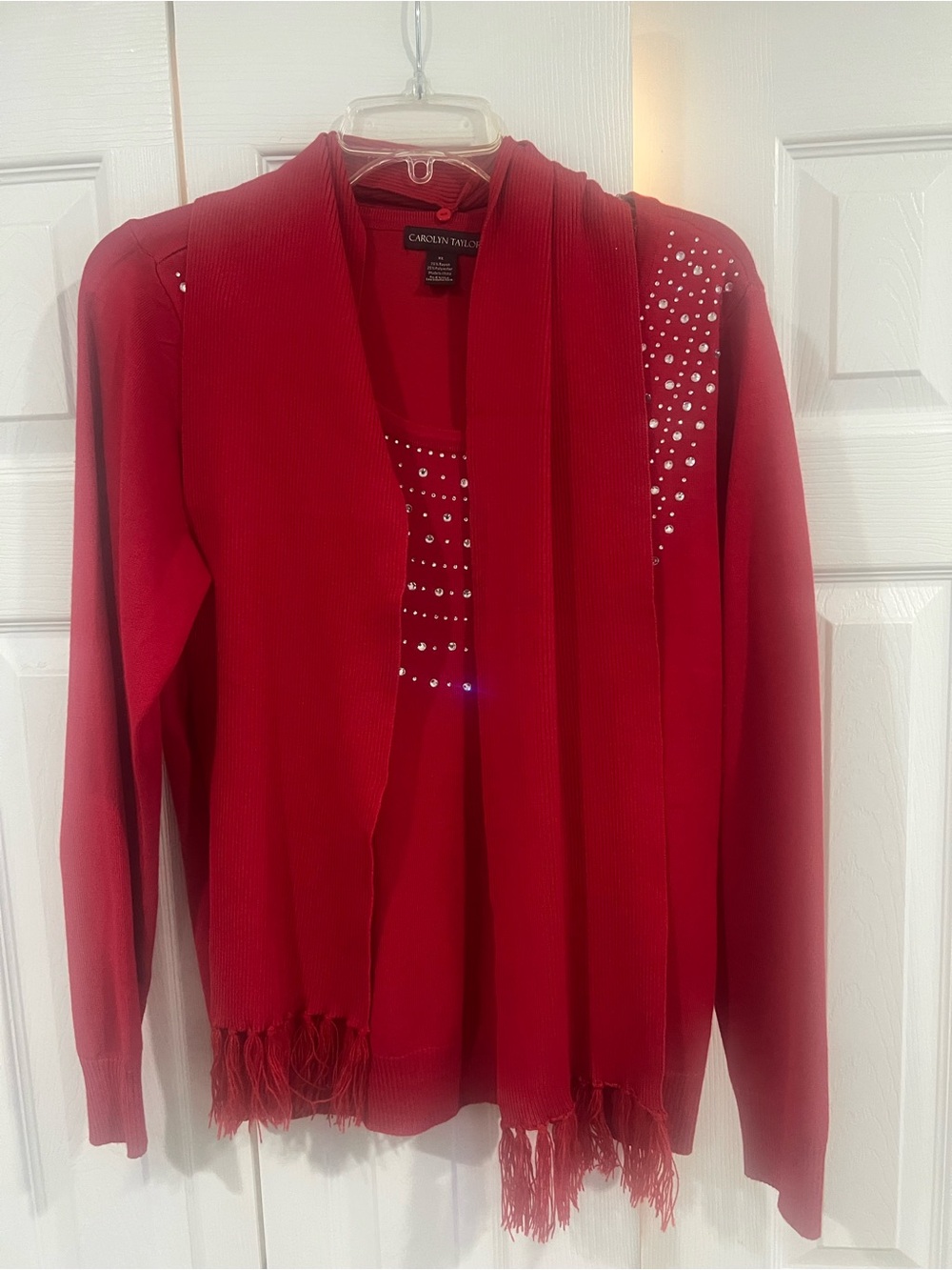 Carolyn Taylor Red Rhinestone Fringe Cardigan and Tank Set